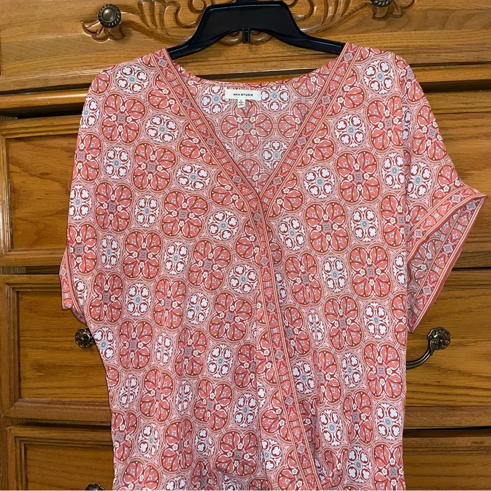 Floral V-Neck Wrap Top - Orange cream and blue